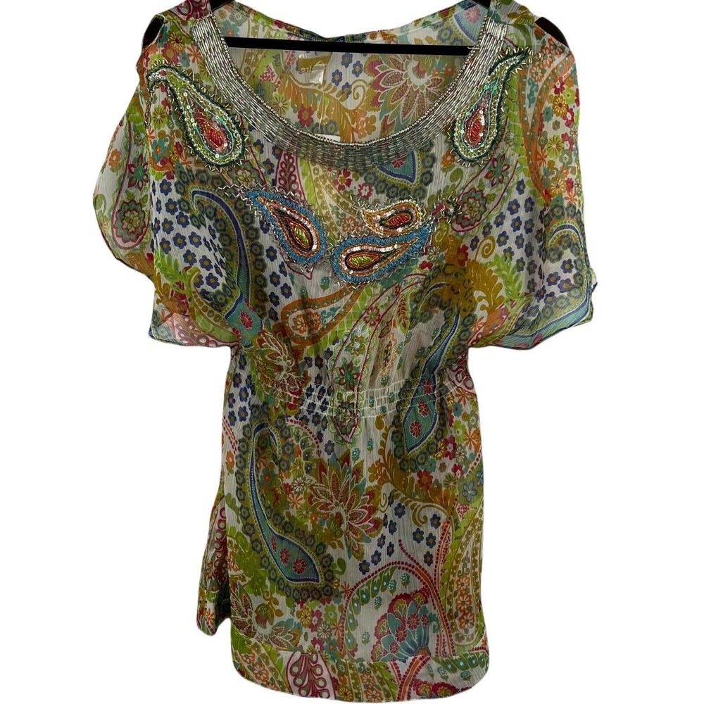 Solitaire by‎ Ravi Khosla Sheer Paisley Scoop Neck Size Small New